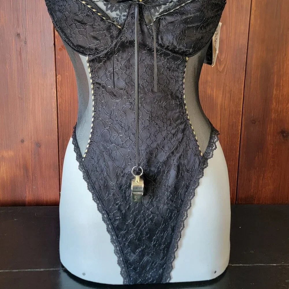 Vintage 90s Sachet Teddy Bodysuit NWT Black Lace Underwire Snap Crotch Whistle M